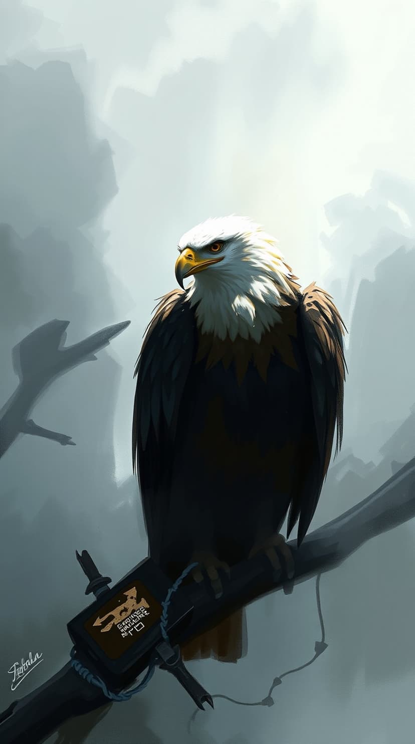 Bald eagle with white head and yellow beak sits on a dark branch featuring a glowing futuristic tech device.