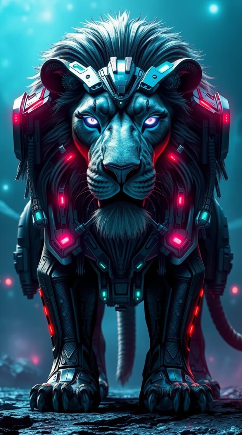 Cybernetic lion with glowing blue eyes and neon pink armor plates stands against a dark bokeh background.
