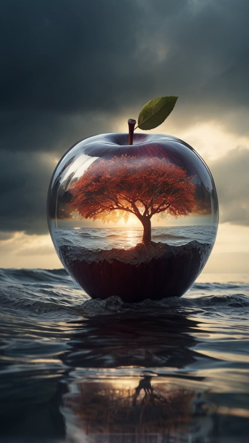 Red apple floating on choppy ocean waves with a miniature red tree and glowing sunset visible inside the fruit.