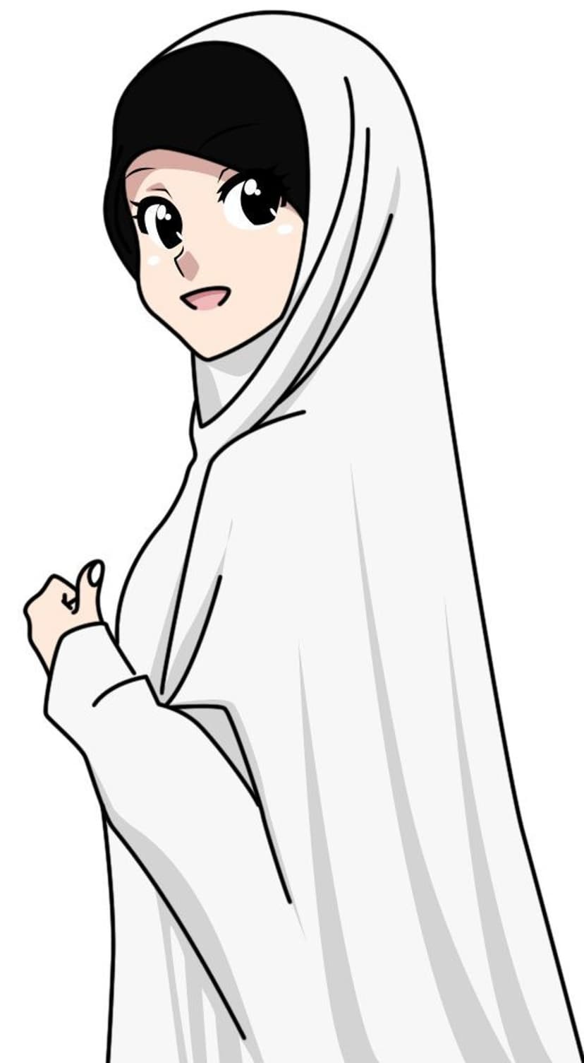 Young woman with large eyes and a white hijab smiles while looking back over her shoulder in a soft profile view.