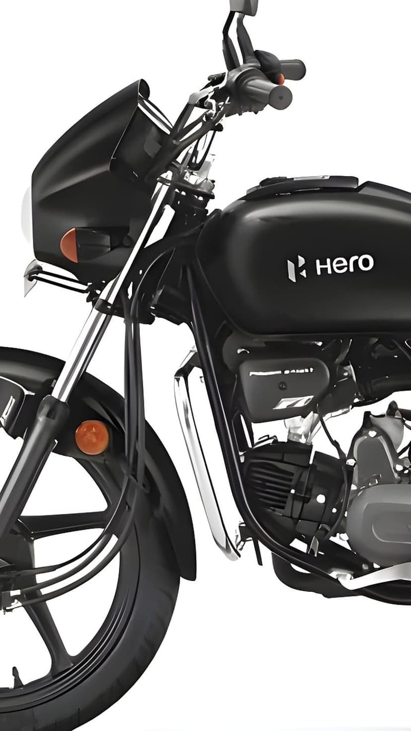 Black Hero motorcycle front wheel, suspension, and engine detail on a clean white studio background.