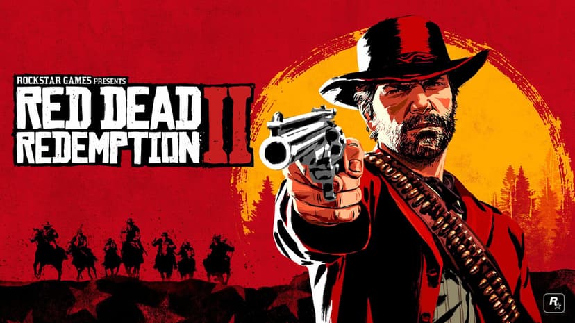 Cowboy Arthur Morgan aims a revolver forward against a red background with a yellow sun and silhouettes.