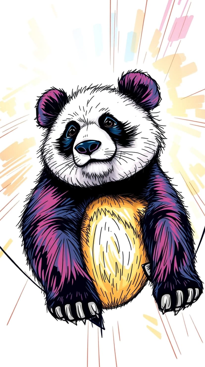 Stylized panda with purple fur and a yellow belly sits before a radiating orange and pink starburst pattern.