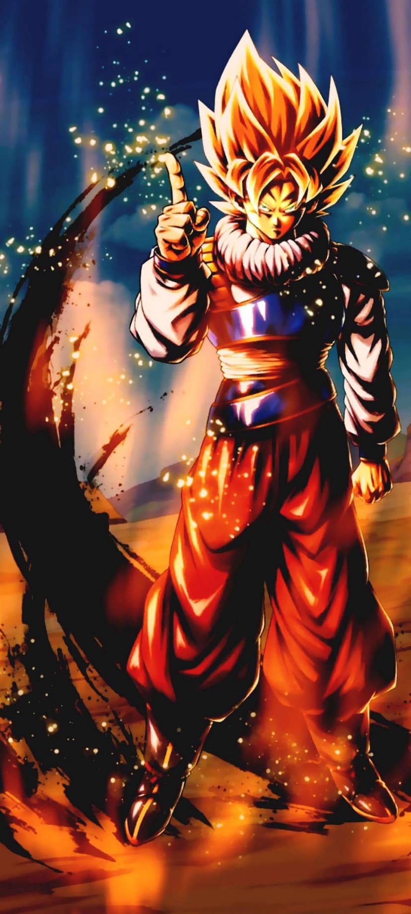 Goku in Super Saiyan form stands amidst golden sparks and a dark swirling energy aura wearing an orange gi.