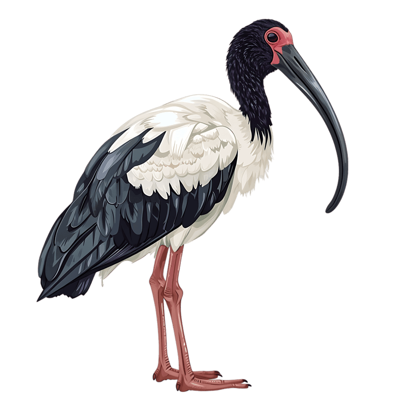 Sacred Ibis bird with a long curved beak and white plumage stands in a side profile view with pink legs.