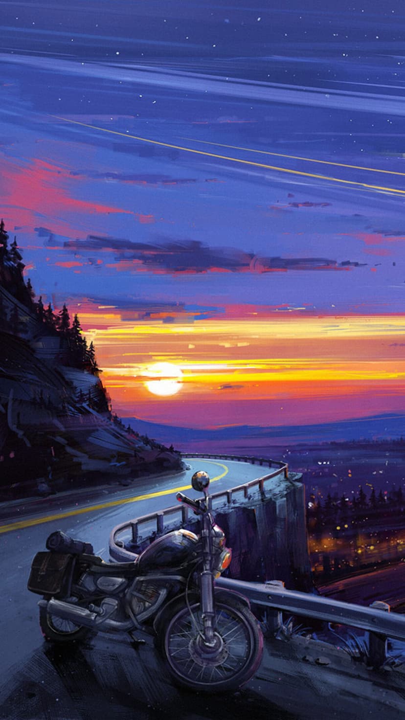 Sleek motorcycle on a mountain road above a glowing city under a vibrant violet and orange sunset sky.