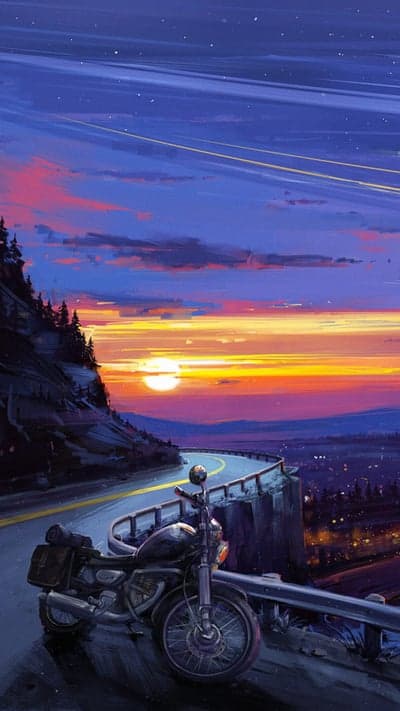 Motorcycle on cliff road at sunset fantasy art
