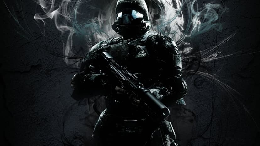 Sci-fi soldier in black armor holding a silenced weapon amidst swirling white smoke on a dark background.