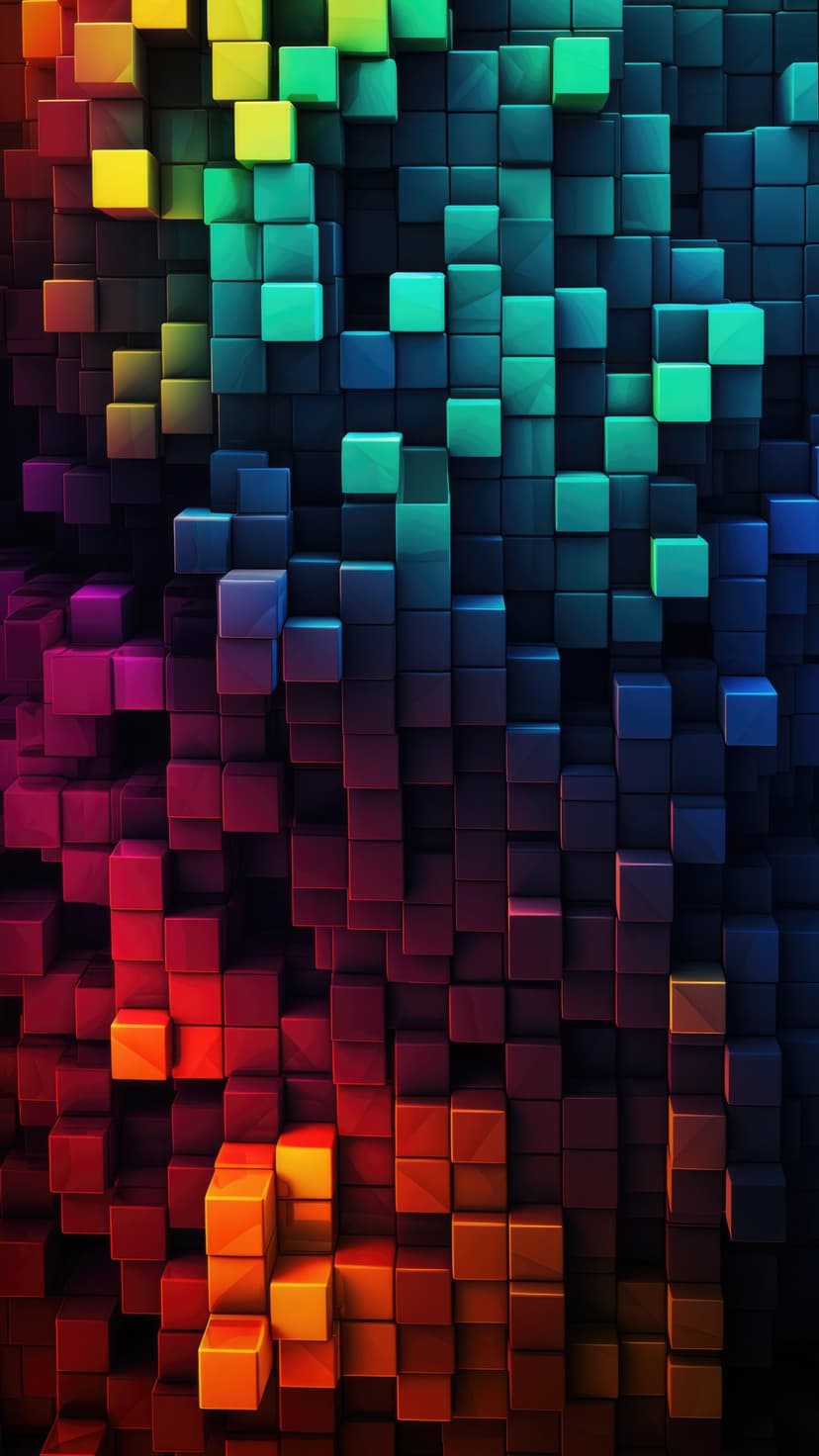 3D cubes in a rainbow gradient create a textured geometric pattern with realistic highlights and deep shadows.