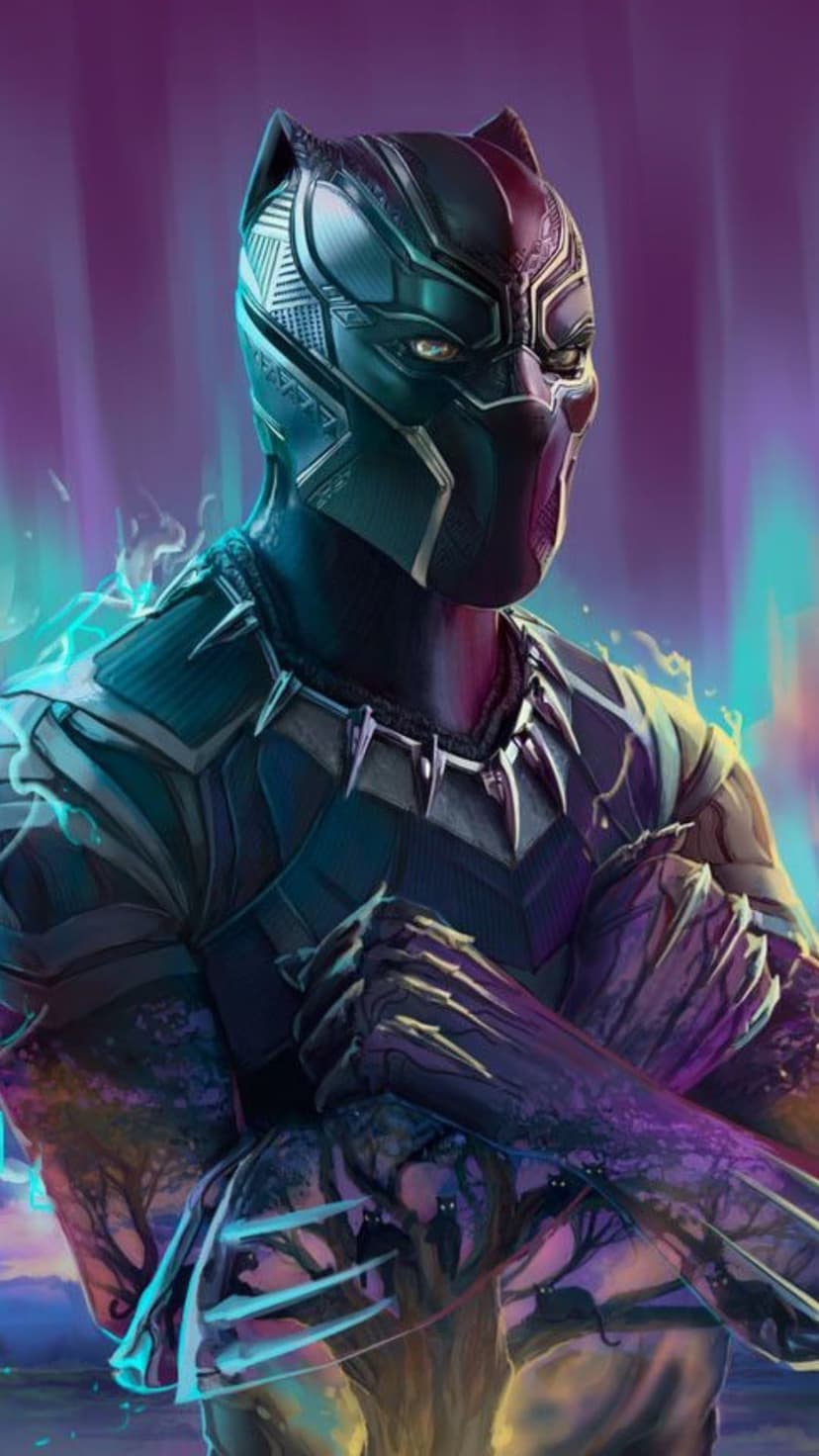 Black Panther wearing spiked cosmic armor with luminous purple energy trails and mystical spirit patterns.