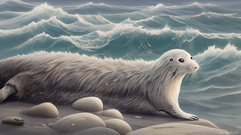 White fluffy seal rests on a pebble beach while powerful turquoise ocean waves crash with white foam behind it.