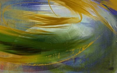 Abstract Golden Green Swirl on Blue Canvas