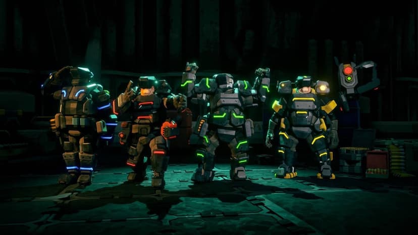 Four space dwarves in heavy armor with glowing neon lights stand in a dark cavernous hangar with a drone.