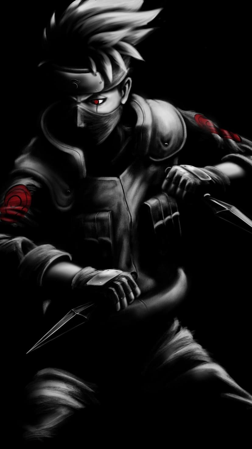 Kakashi Hatake holds a kunai in a low combat stance with a single glowing red eye amidst dark shadows.