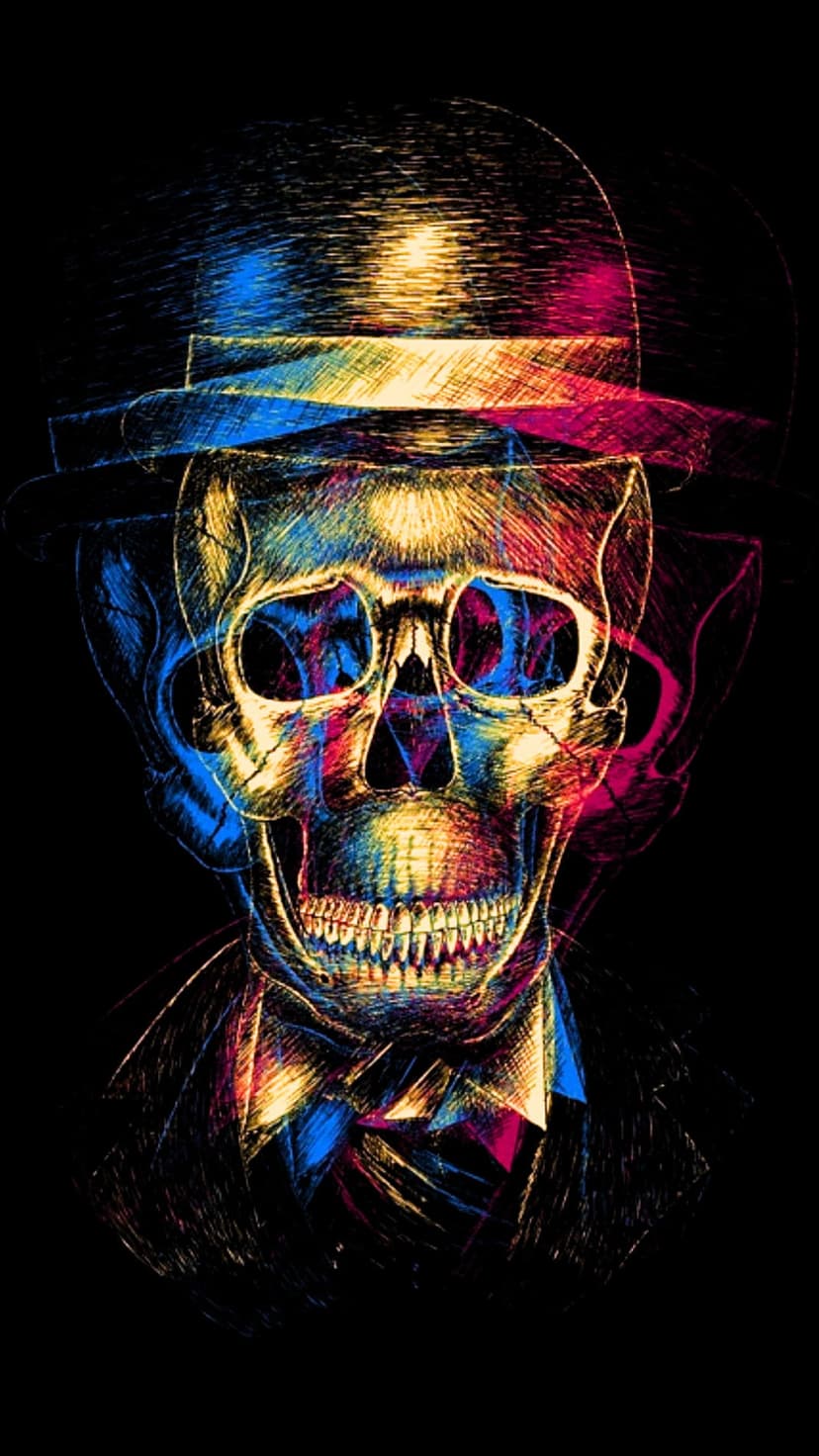 Skull wearing a bowler hat and bow tie glows with sketchy neon blue, pink, and yellow lines on a black backdrop.