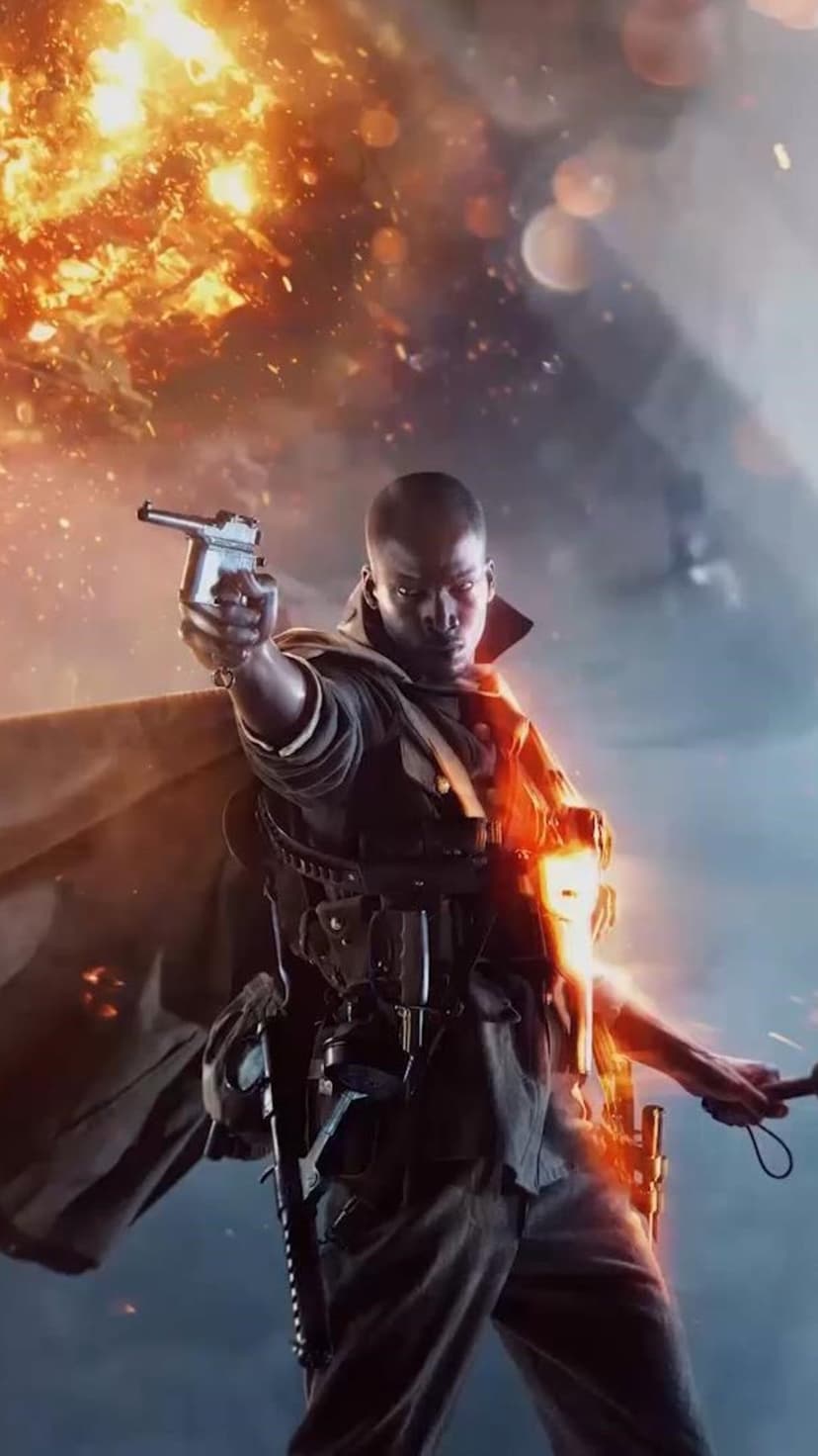 Soldier in WWI gear aims a pistol with a fiery explosion background in a cinematic action pose.