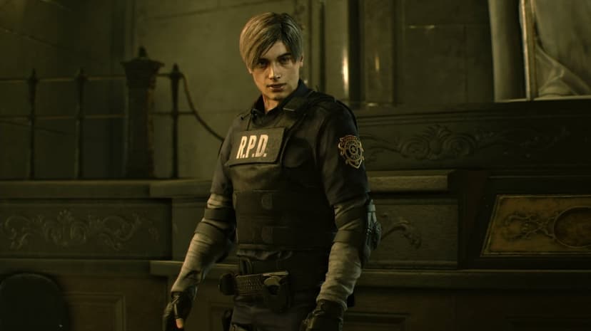 Leon Kennedy in a tactical R.P.D. uniform stands alert in a dark stone room with atmospheric green lighting.