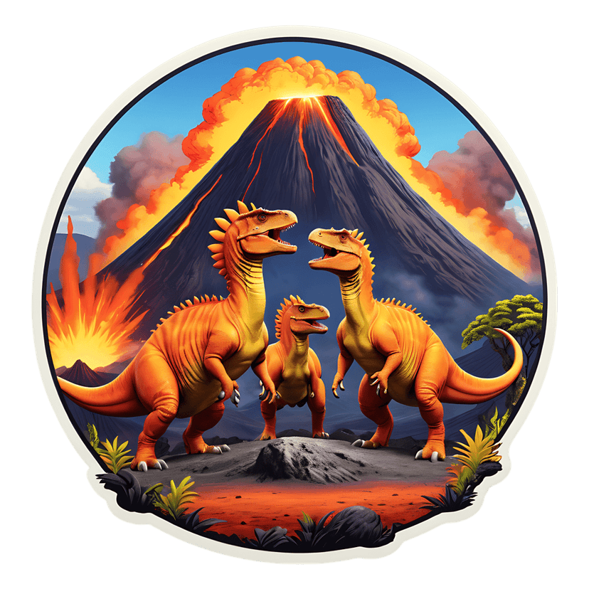 Orange dinosaur family sticker shows reptiles standing near an erupting volcano with glowing red molten lava.