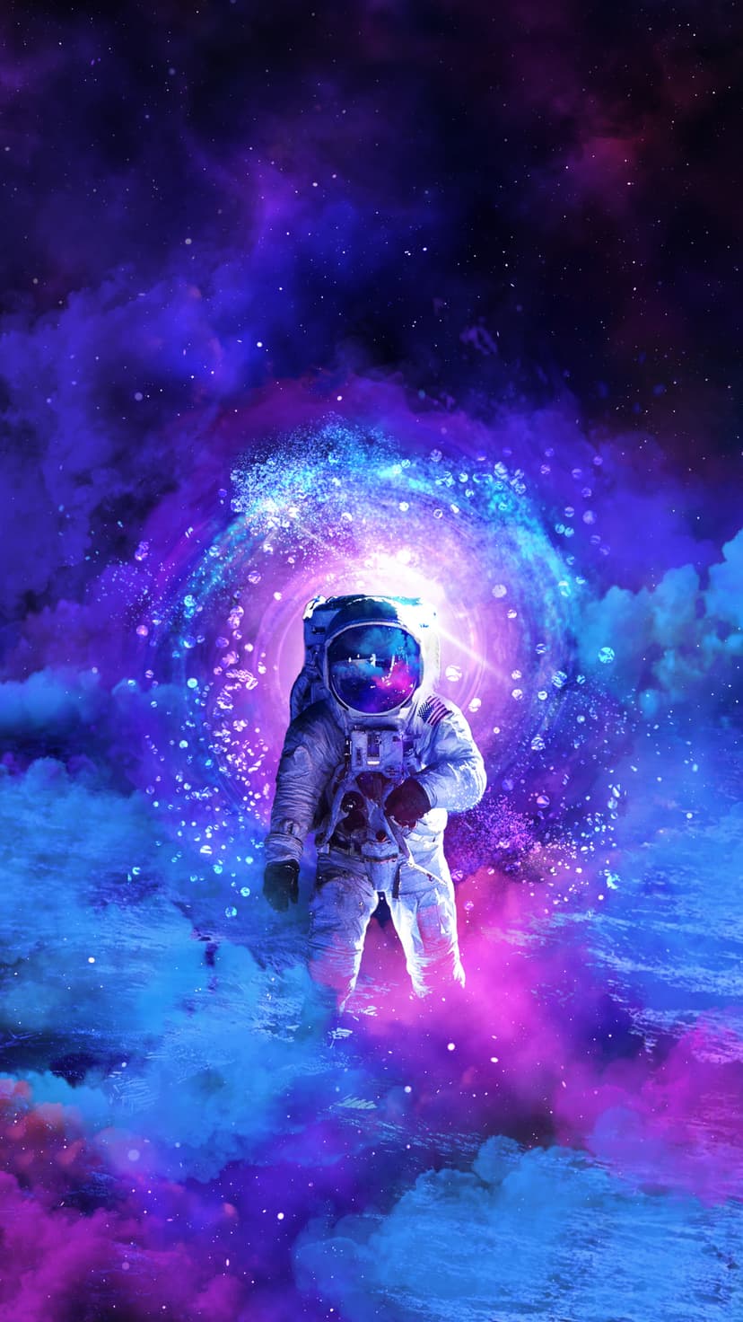 Astronaut in a white spacesuit floats through a swirling purple and blue nebula filled with glowing stardust.