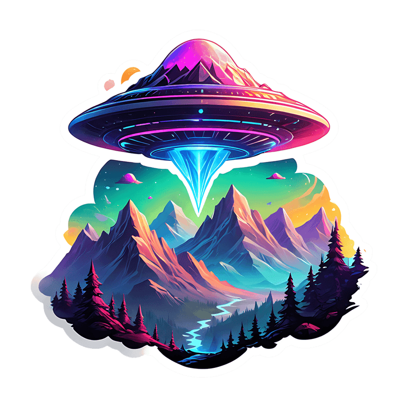 UFO spacecraft hovering over purple mountains and a blue river, emitting a glowing neon beam from its center.