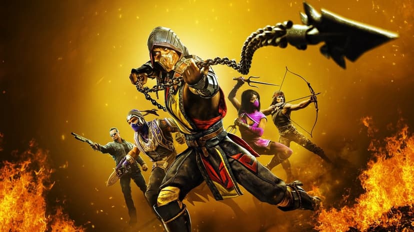 Scorpion lunges forward with a chain spear against a fiery golden backdrop with Rain, Mileena, Rambo, and Terminator.