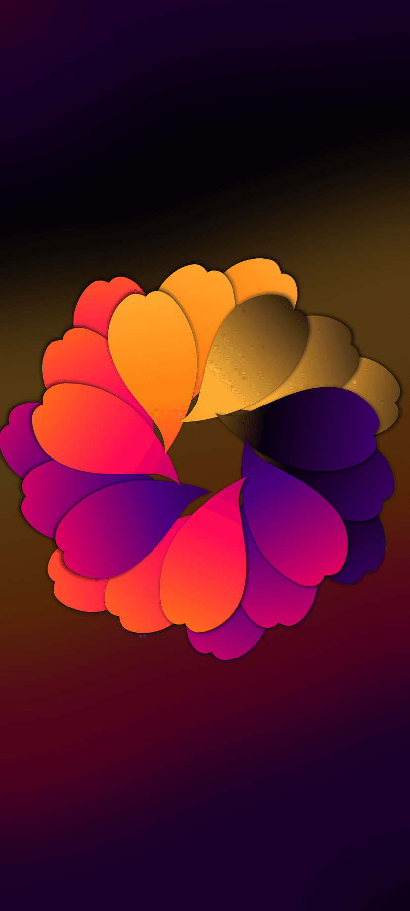 Overlapping gradient petals in orange and purple form a circular flower against a dark moody background.
