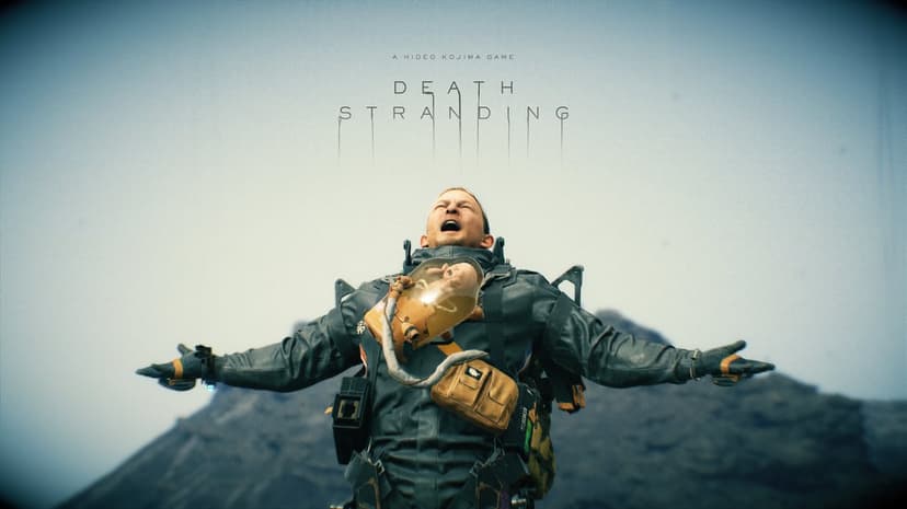 Sam Porter Bridges stands with arms wide and head back against misty mountains and Death Stranding game title.