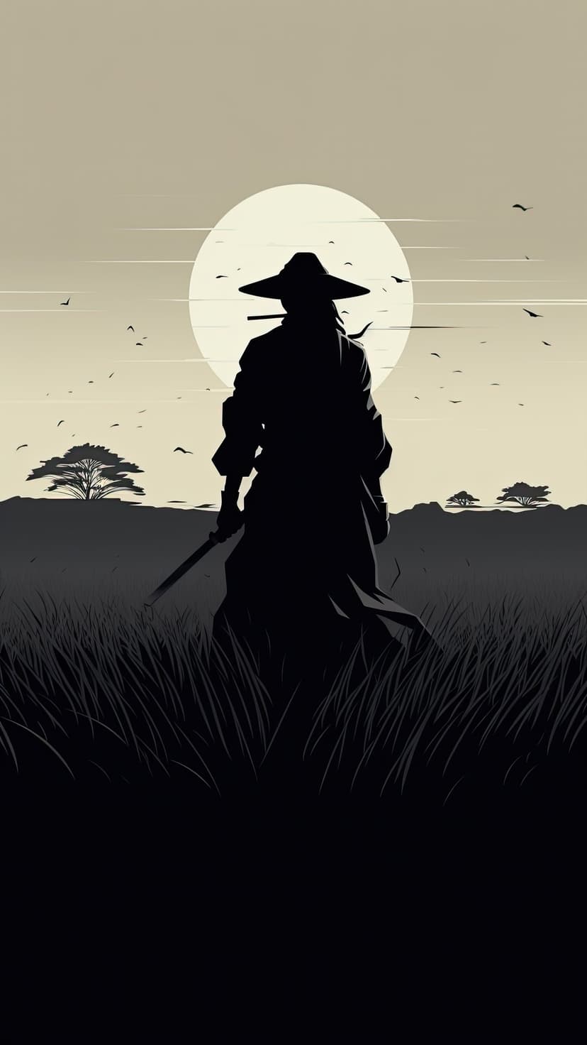 Samurai warrior silhouette holding a katana in a grassy field against a massive hazy sun in muted sepia tones.