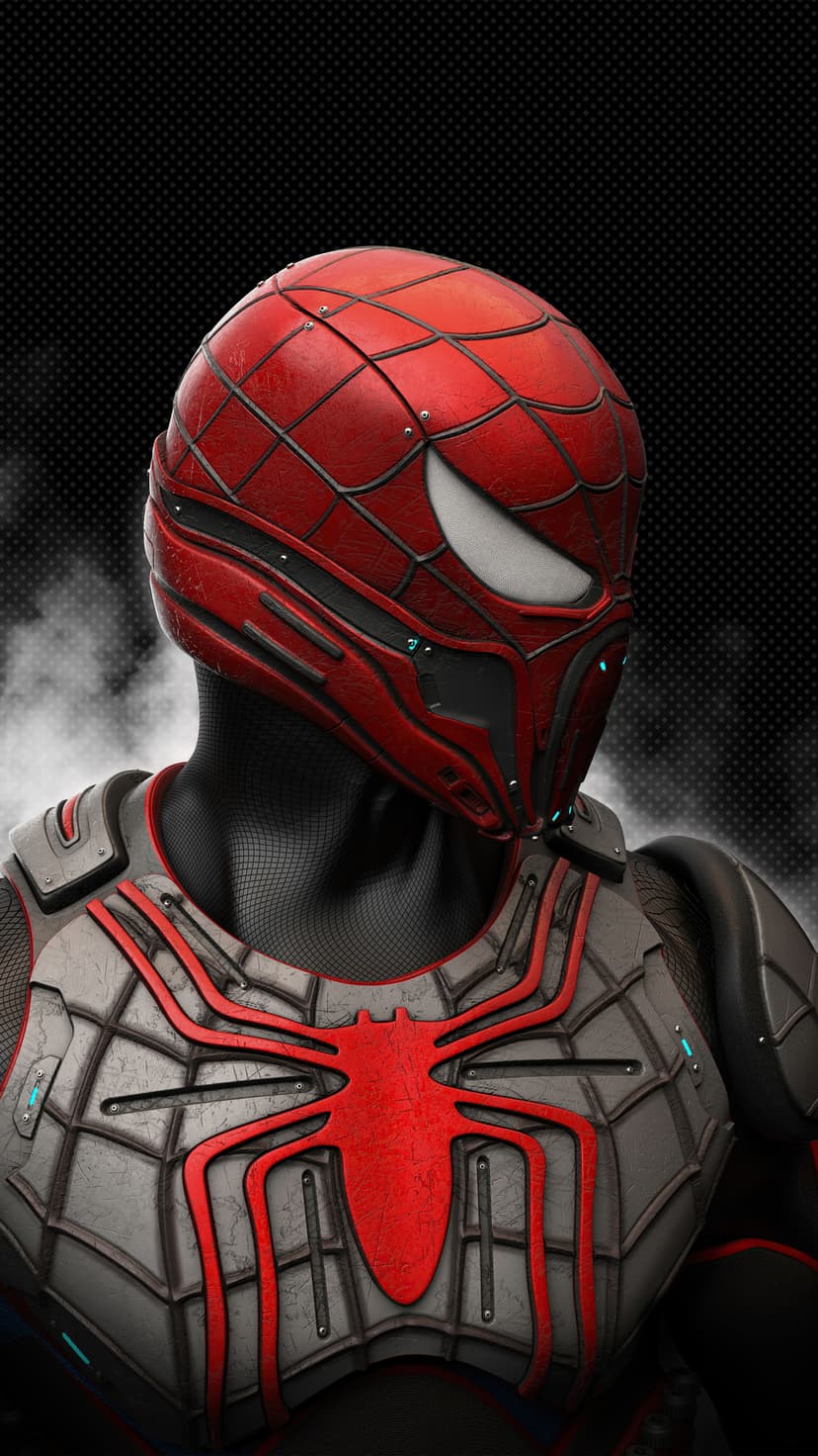 Spider-Man wears red and gray modular tech armor with a prominent chest emblem and glowing blue accents.