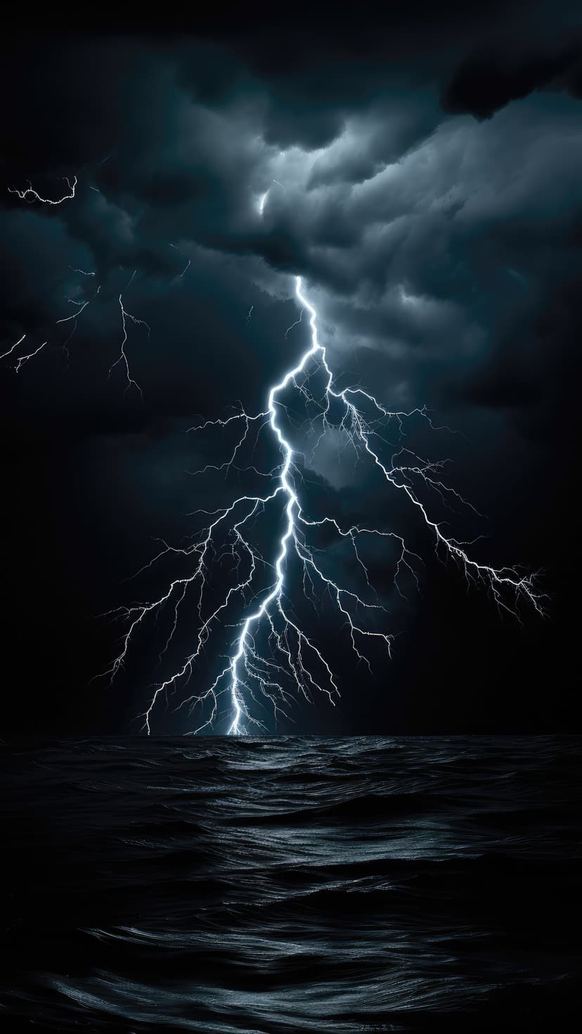 A bright blue-white lightning bolt strikes dark, choppy ocean waves under a heavy, overcast midnight storm sky.