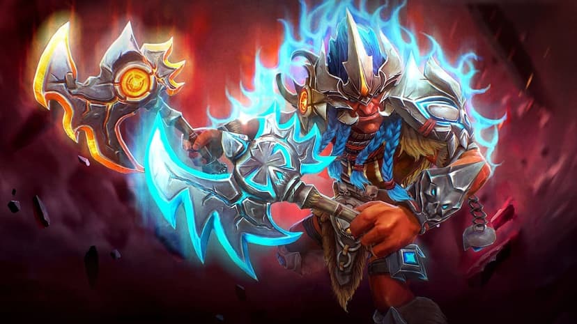 Red-skinned fantasy warrior holding two glowing axes with blue flames on his head against a fiery red background.