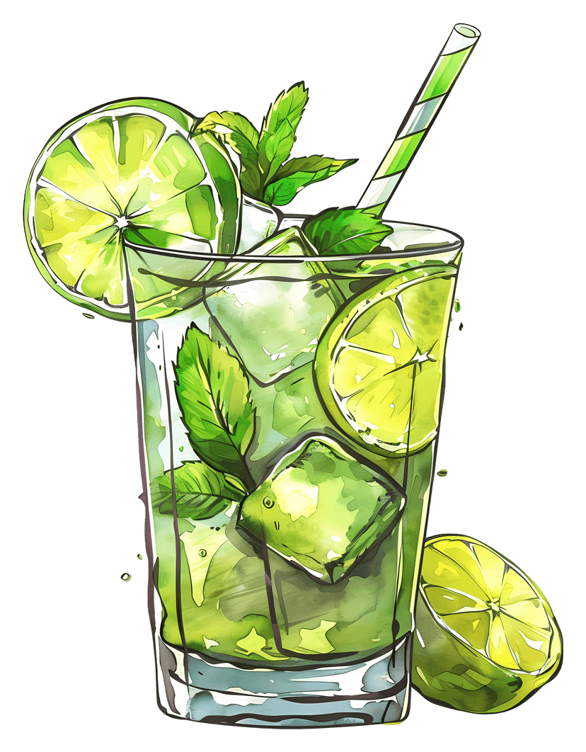 Lime mojito drink illustration showcasing green citrus slices, textured mint leaves, and clear ice in a glass.