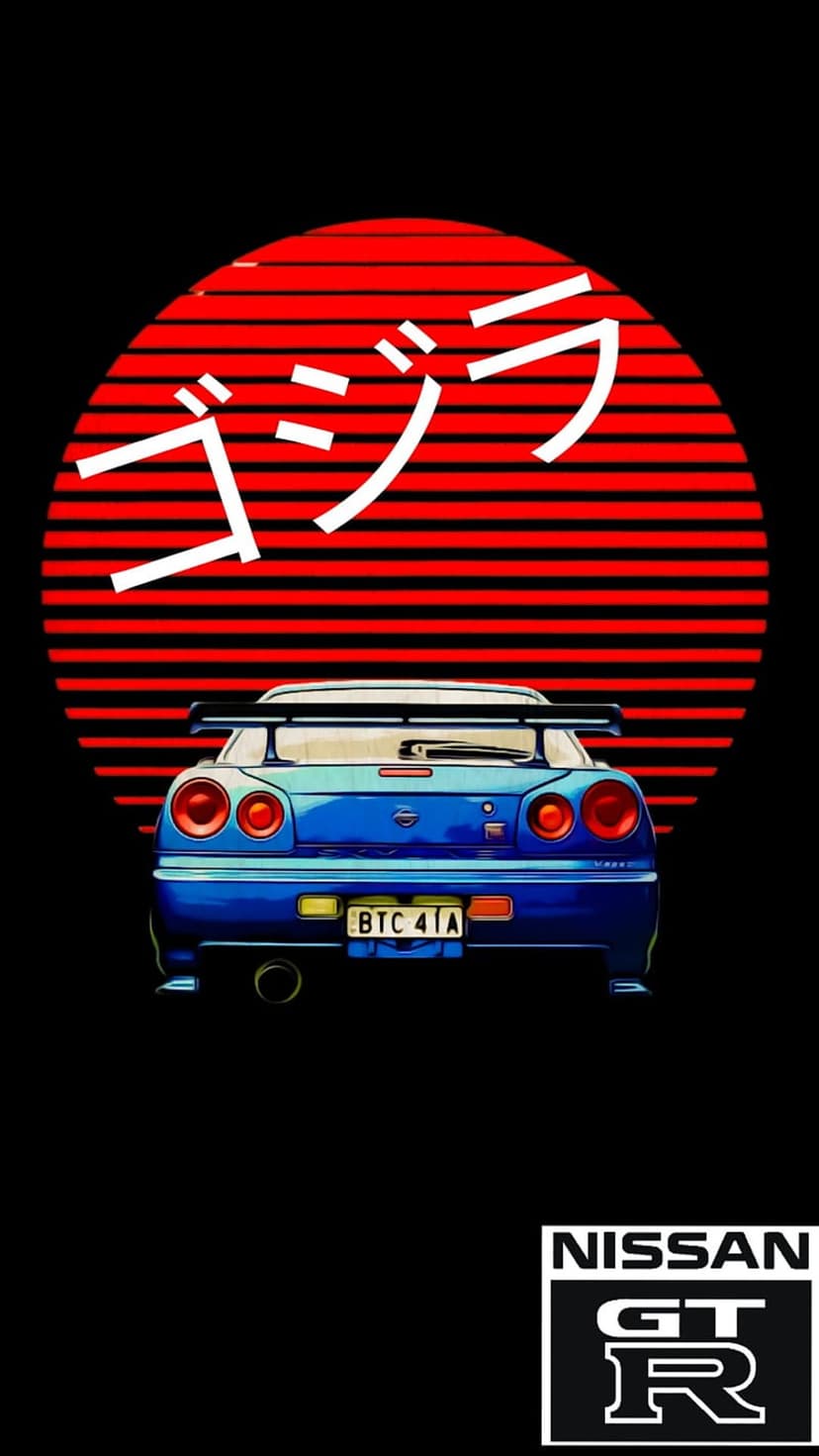 Blue Nissan GT-R R34 car parked in front of a large red sun with Japanese Kanji text on a black background.