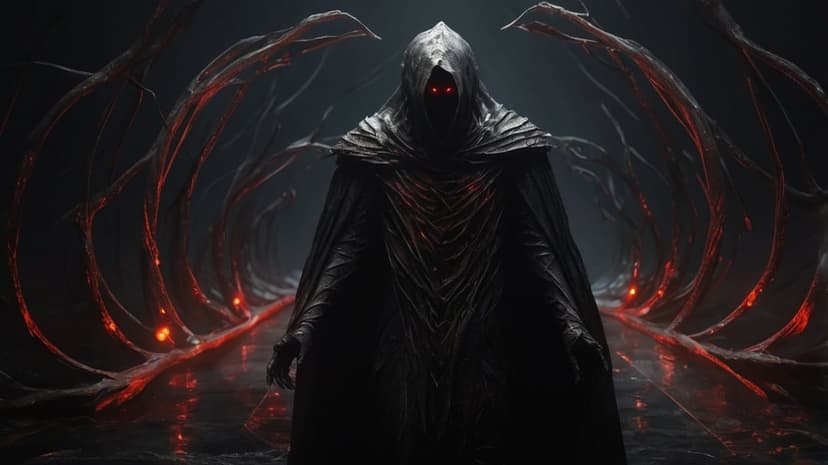 Cloaked phantom with luminous red eyes surrounded by twisting orange tendrils against a pitch black background.