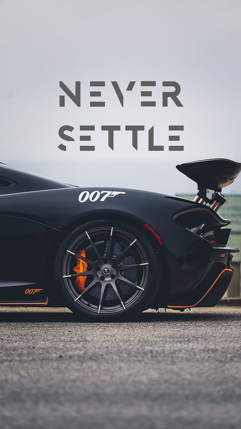 Black McLaren P1 hypercar with 007 logo and Never Settle text in a moody, vertical automotive composition.