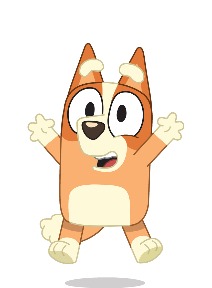 Blue cartoon puppy leaping mid-air with paws extended and a wide smile featuring thick outlines and flat colors.