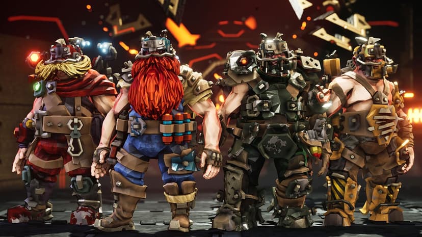 Four low-poly dwarves in heavy colorful armor stand against a dark industrial background with orange lights.
