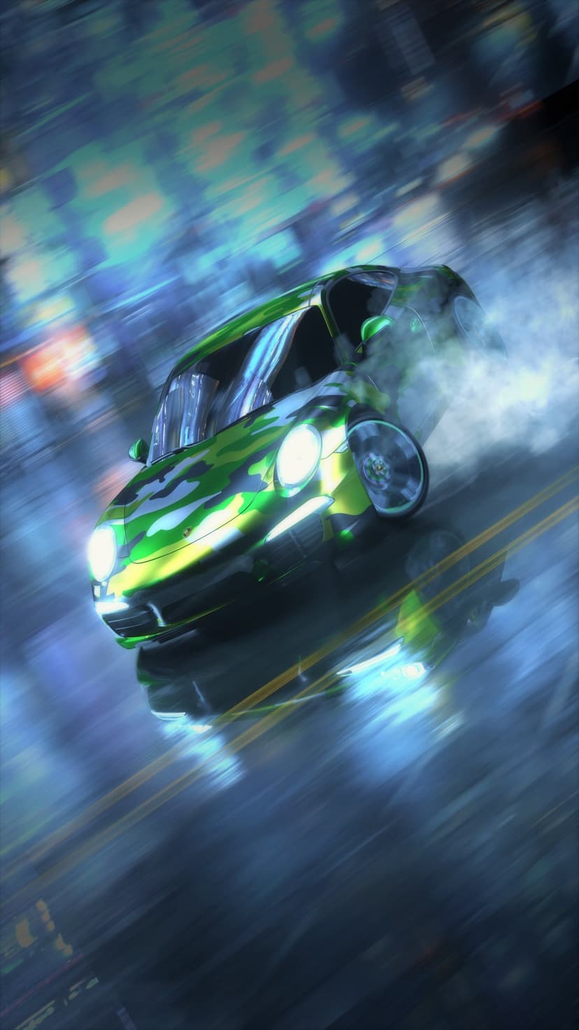 Green camouflage sports car drifting with tire smoke amidst blue and yellow neon light streaks in a night city.