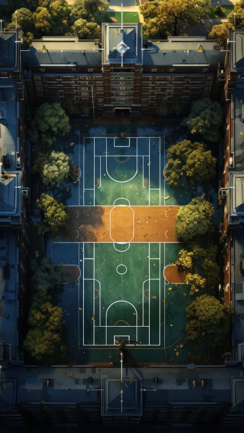 Multicolored basketball court from above surrounded by orange autumn trees and brick campus buildings.