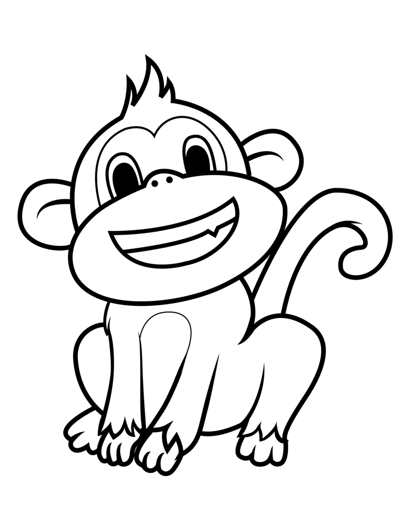 Monkey coloring page outline features a seated primate with a curled tail and bold black line art contours.