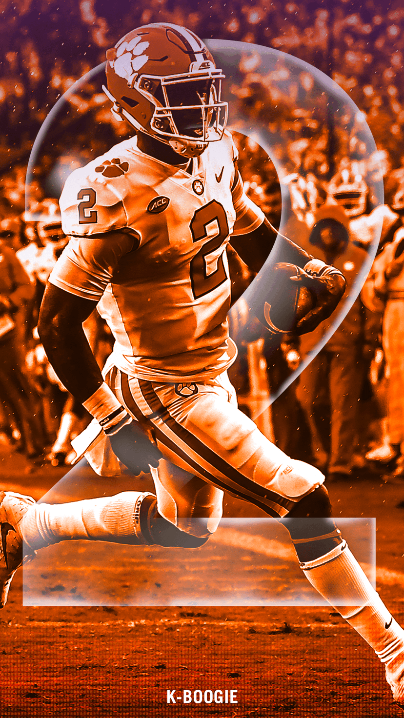 Clemson football player in jersey number 2 runs with the ball inside a heart-shaped graphic on an orange field.
