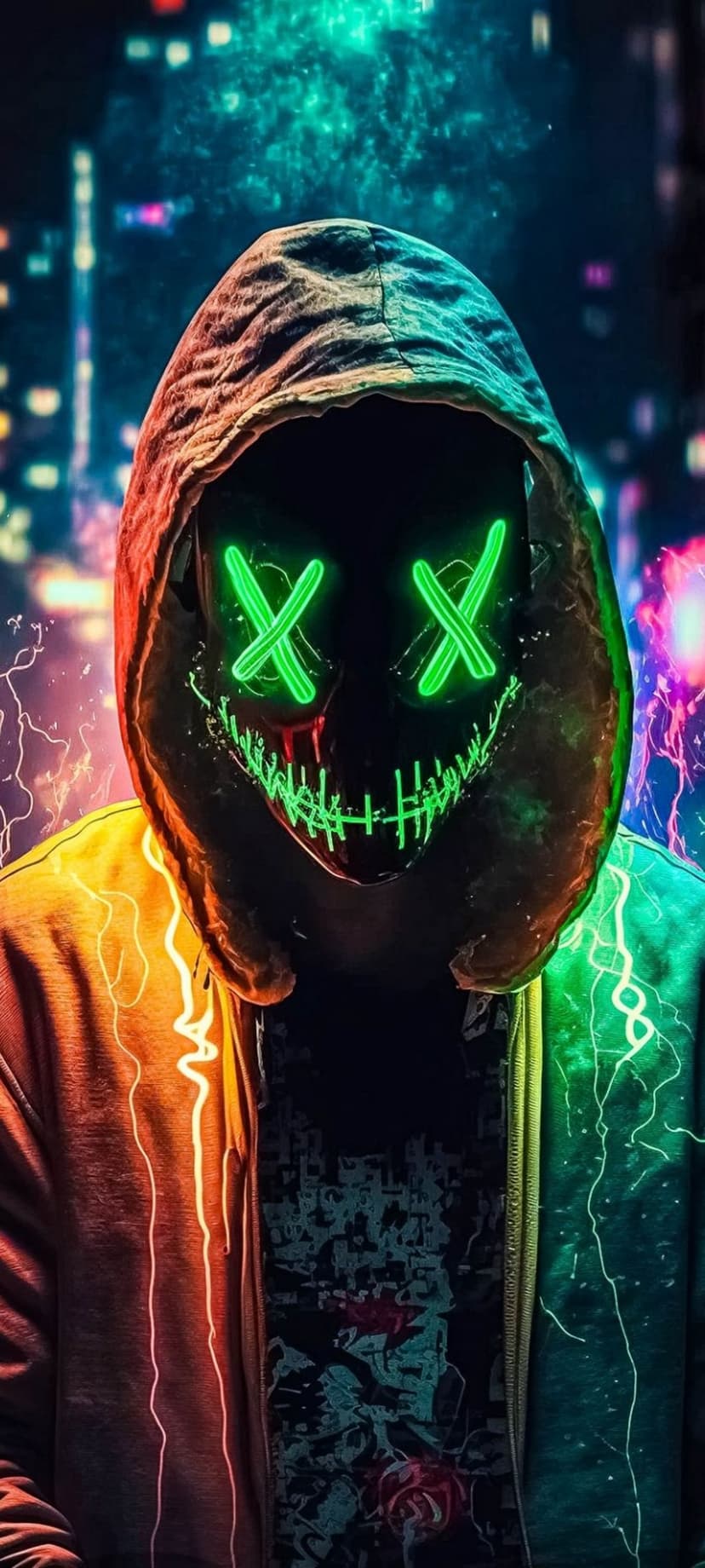 Hooded figure wearing a black mask with glowing green X eyes and orange lightning patterns against city lights.