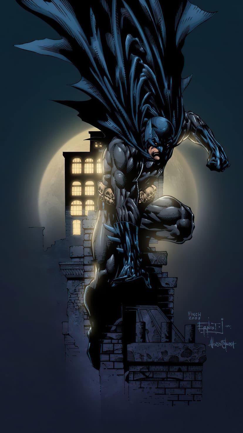 Batman crouches on a brick ledge before a giant full moon with a cape billowing behind him over Gotham City.