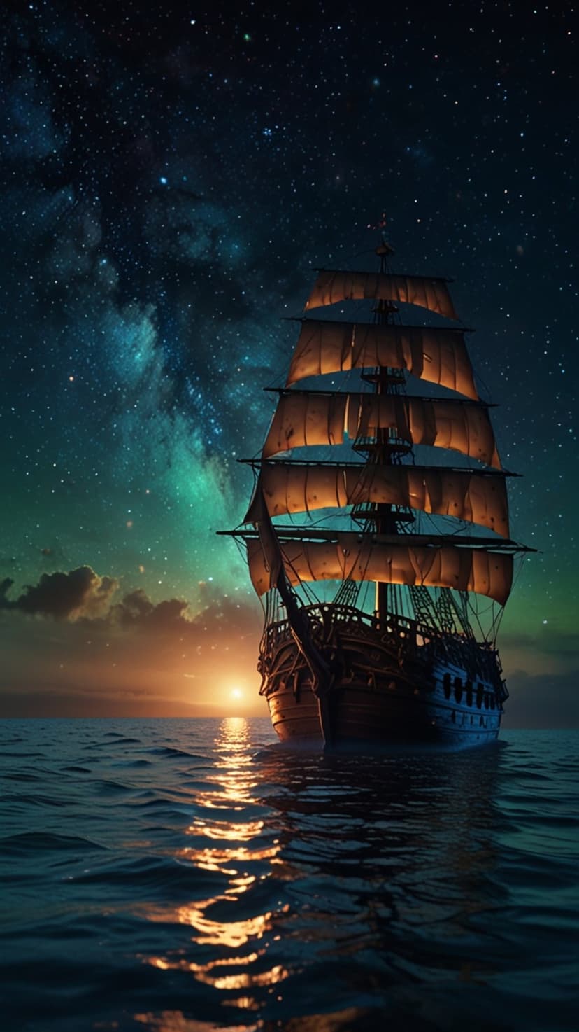 Three-masted sailing ship on a calm sea under a glowing Milky Way galaxy with warm sunset light on the horizon.