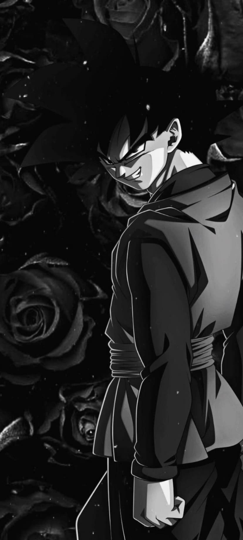 Goku Black with a menacing grin stands before dark roses in a high-contrast black and white vertical portrait.