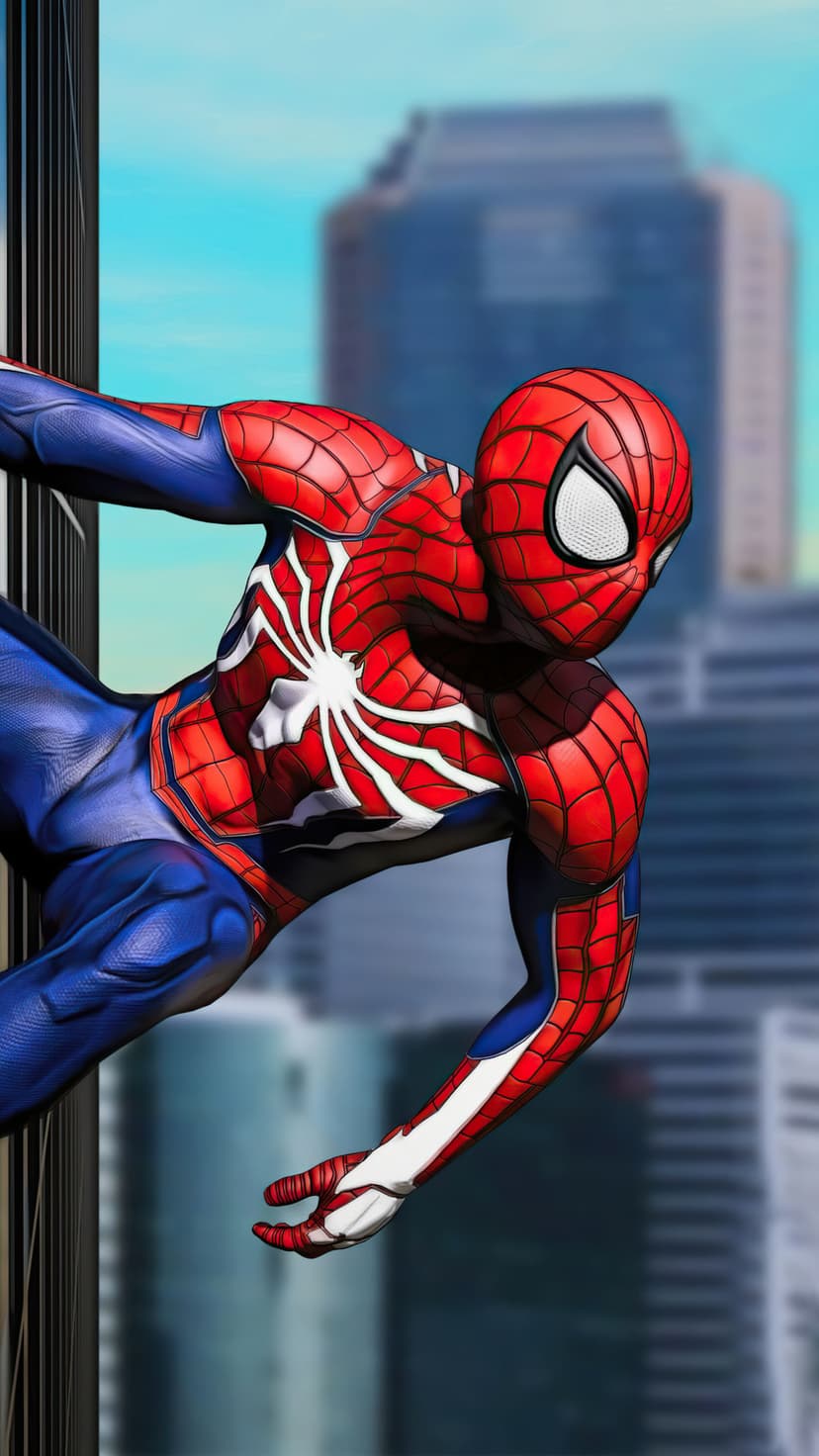 Spider-Man swings between towering glass skyscrapers under a clear blue sky in a vibrant city environment.
