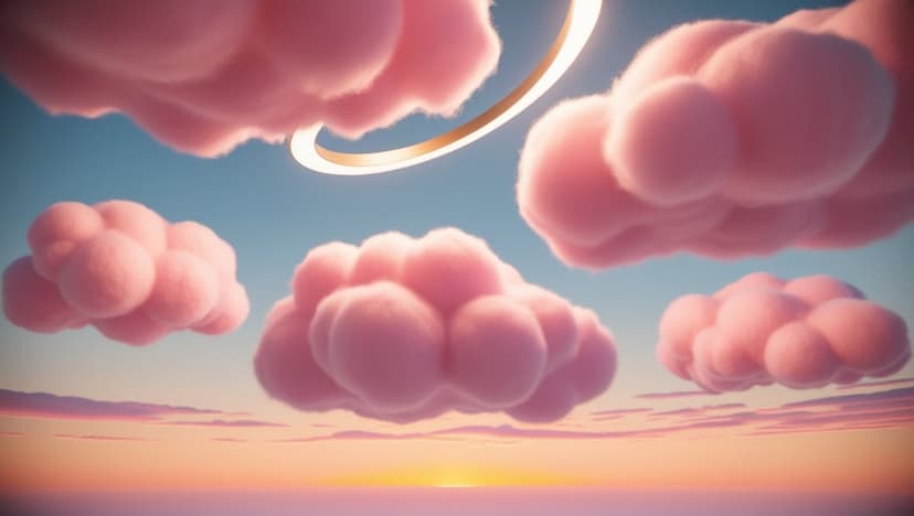 Pink fluffy clouds float beneath a glowing golden ring in a pastel sky with a soft morning light gradient.