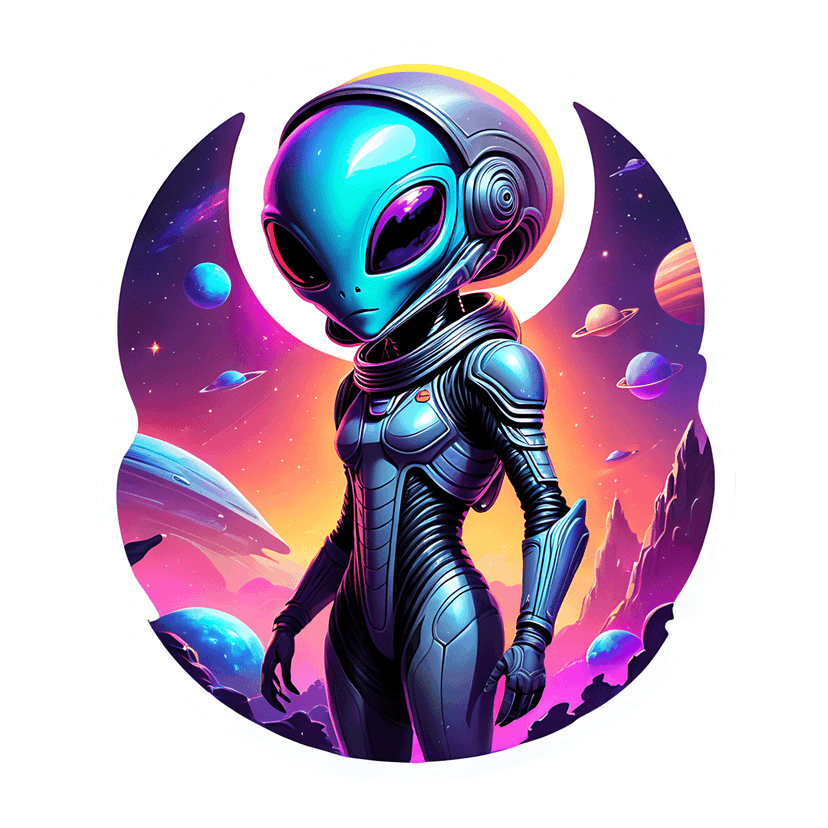 Alien cyborg in armored suit stands before glowing planets and UFOs under a purple and orange cosmic sky.