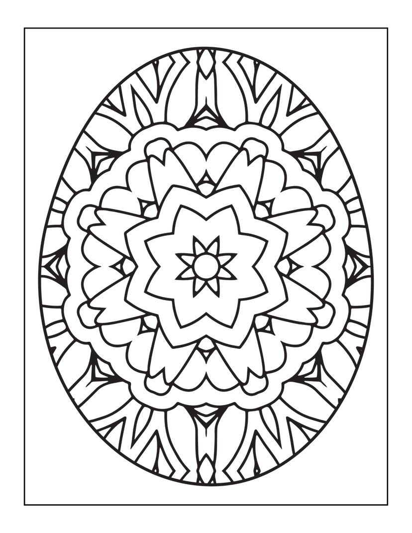White mandala outline on black background featuring intricate geometric star shapes and symmetrical petal motifs.