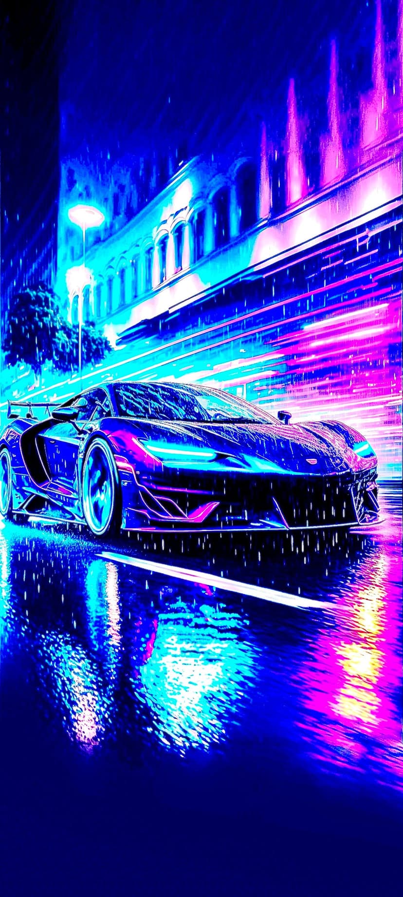 Sports car driving on a wet city street at night with pink and blue neon reflections on the dark asphalt surface.